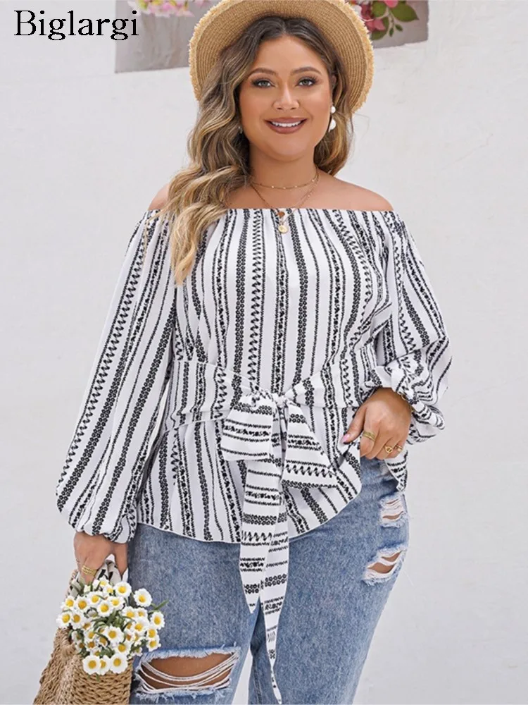 

Plus Size Spring Striped Floral Print Tops Women Loose Casual Fashion Off Shoulder Ladies Cropped Blouses Long Sleeve Woman Tops