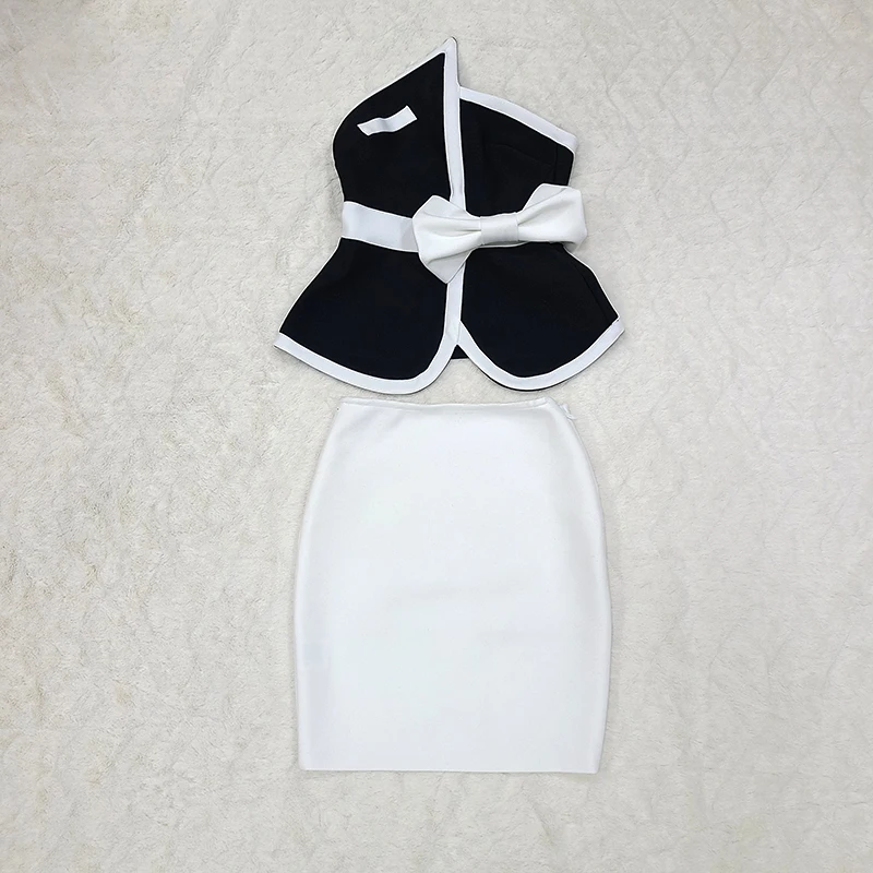 designer suits 2022 Women Summer Sexy Off Shoulder Patchwork Bow Black White Bandage Set Celebrity Designer Fashion Evening Party Women's Set white pant suit set