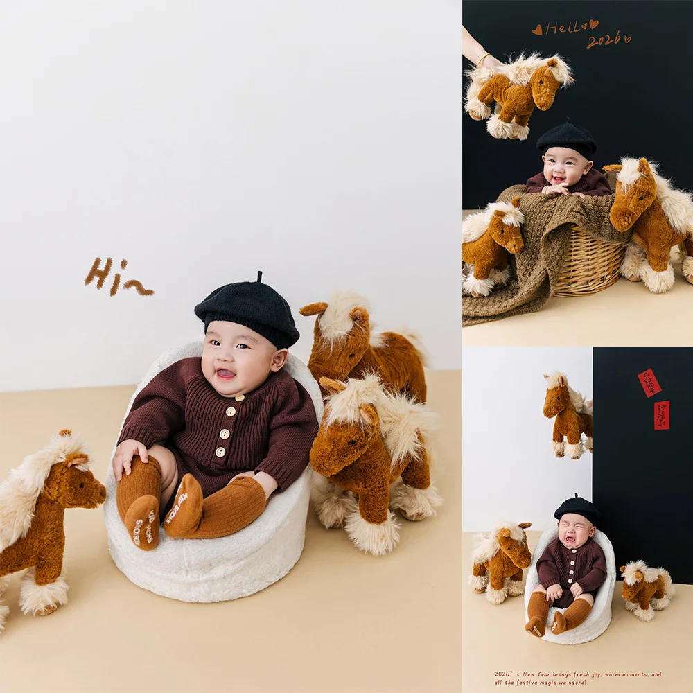 100일  말 테마 사진 소품 갈색 니트 롬퍼+베레모+양말 사진 세트  성장 기록 촬영용 플러시 포니 소품