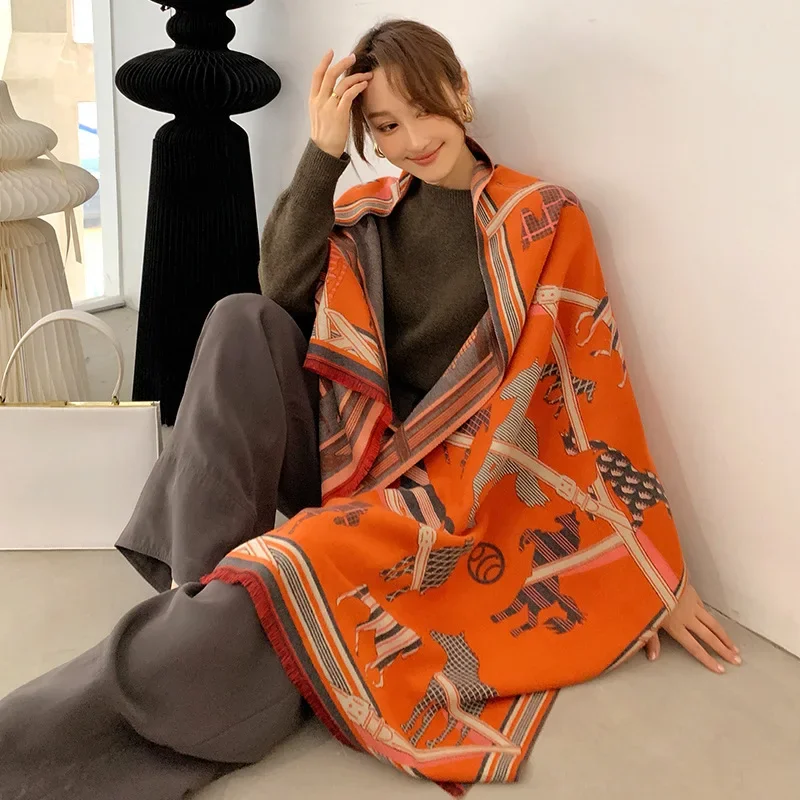 

2024 Luxury Brand Wool Women Scarf Cashmere Stole Animal Horse Print Scarves Female Winter Warm Pashmina Blanket Wraps Hijab