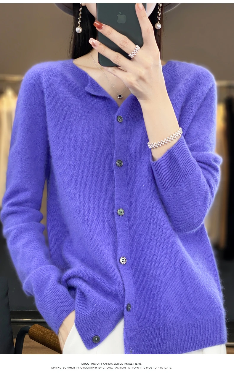 Women 100% Merino Wool Sweater Autumn Winter O-Neck First Line Seamless Cardigan Long Sleeve Clothing Cashmere Knitwear Tops