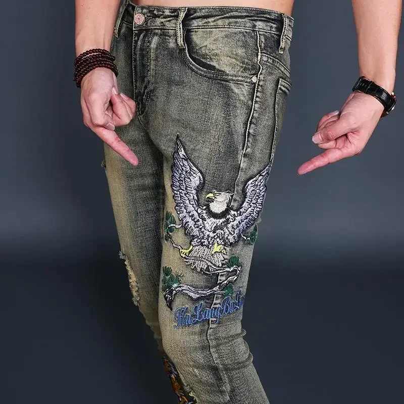 Man Cowboy Pants with Holes Torn Men's Jeans Ripped Trousers Broken Slim Fit Tight Pipe Vintage Embroidery Skinny Graphic Xs Y2k