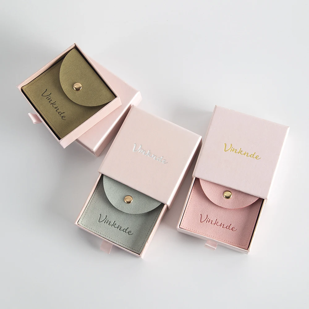 Custom Logo 9x9x2.5cm Pink Drawer Paper Jewelry Gift Box with Personalized Microfiber Snap Bag Wedding Ring Earring  Packaging