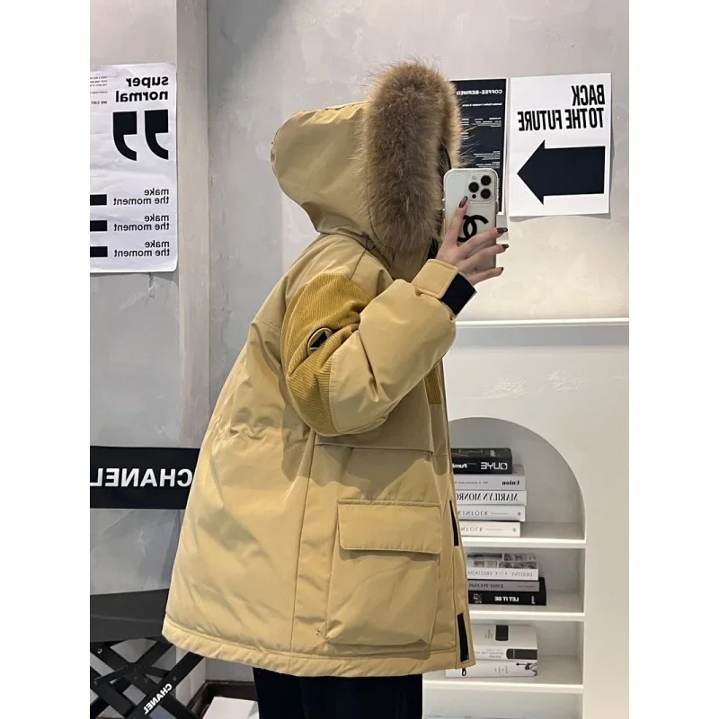 2023 new long women's down jacket thickened warm couple winter tooling style to overcome loose stitching