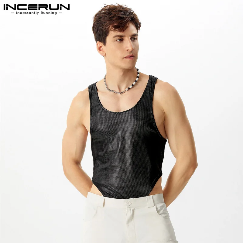 INCERUN Men Bodysuits Sequin O-neck Sleeveless Fitness Sparkling Sexy Rompers Tank Tops Men Streetwear Male Bodysuits S-5XL
