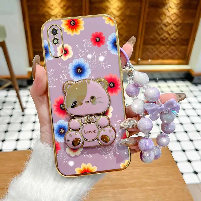 Colorful Flowers Phone Accessory Set: Case, Lanyard & Rabbit Stand