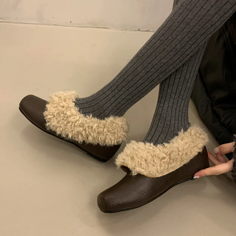 Aphixta 5cm Height Increasing Woman Casual Shoes Furry Slip On Square Toe Fashion Warm Woman Autumn Winter Flats Shoes