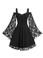 2022 New Gothic One-shoulder Lace Stitching Flared Sleeve Dress Literary Vintage Autumn Grunge Black A-line Dress Punk Partywear - Image 3