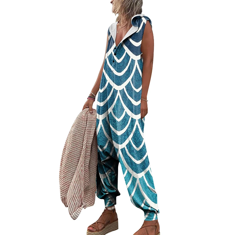 Summer Fashion Pattern Printed Baggy Pants Jumpsuits Casual Button Sleeveless Hooded Rompers Beach Loose Women Playsuit Overalls