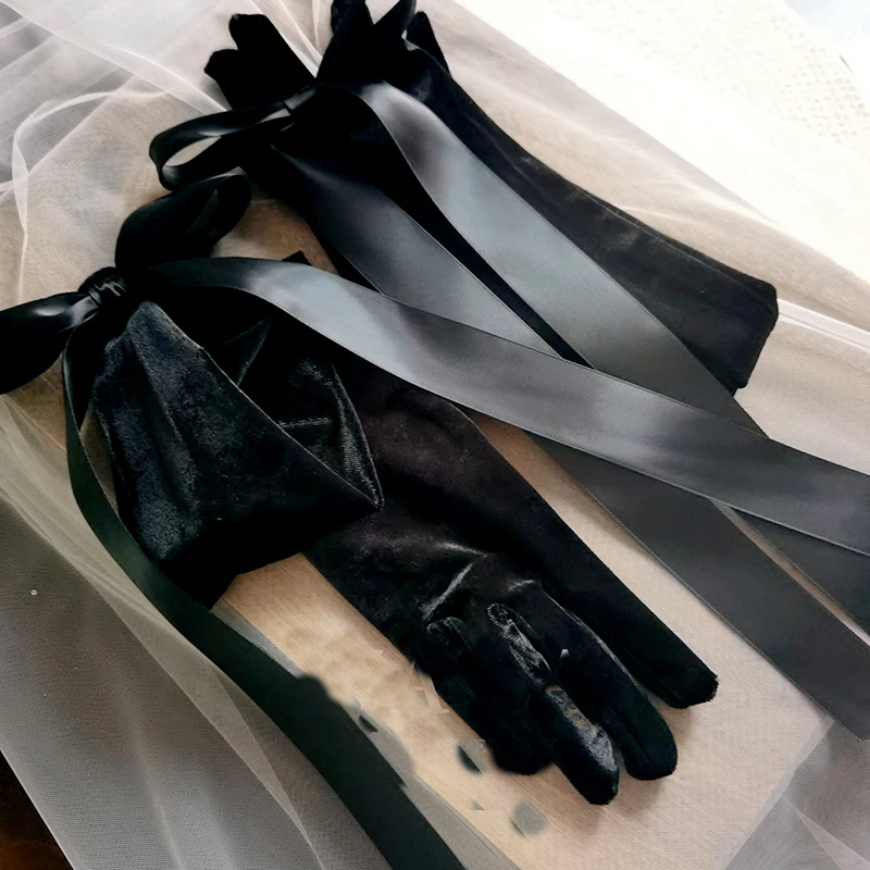 Black velvet bow dress gloves dinner gloves Halloween accessories studio photography accessories velvet bow gloves