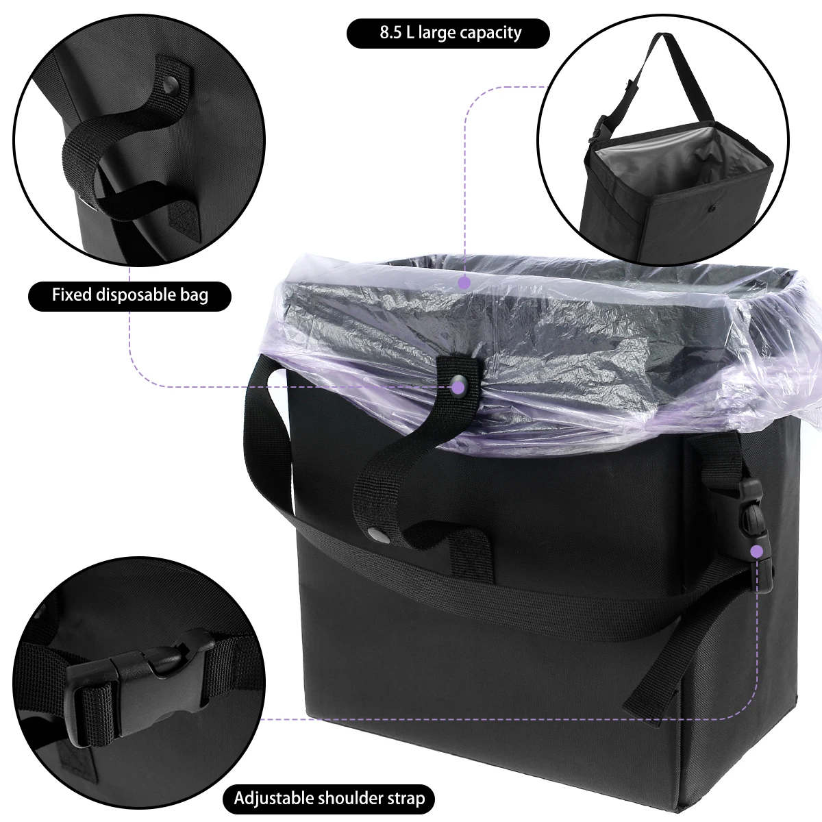Waterproof Black Nylon Car Trash Bag Foldable Hanging Storage