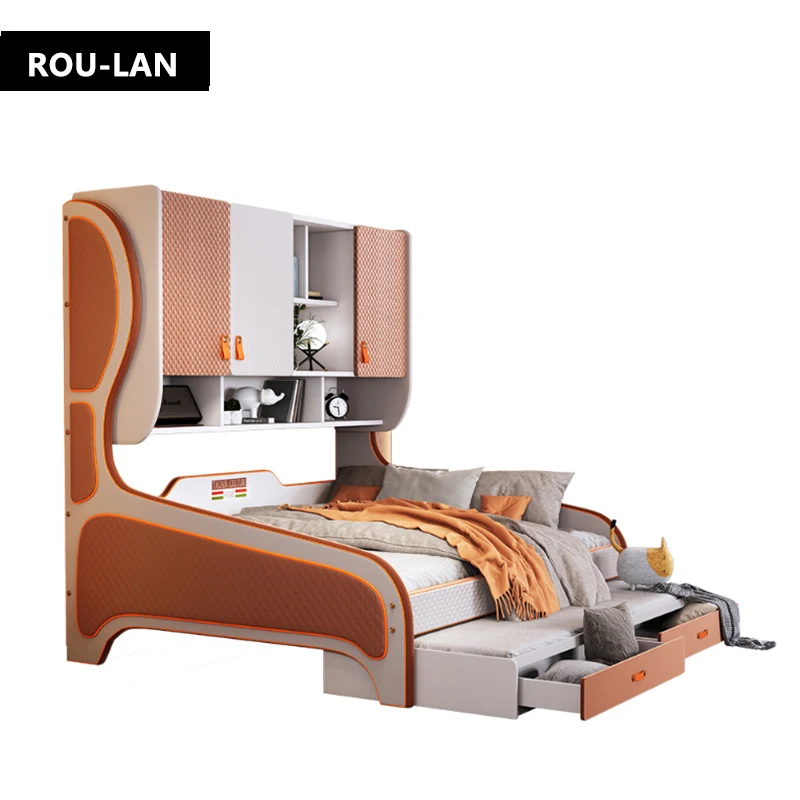

ROU LAN Furniture Bedroom Single Youth Children Bed Solid Wood Modern Soft Kids Bedchamber Set