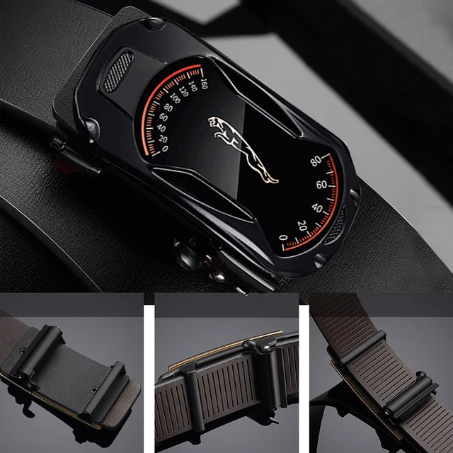 Black Jaguar Speedometer Design Buckle Genuine leather belt 2