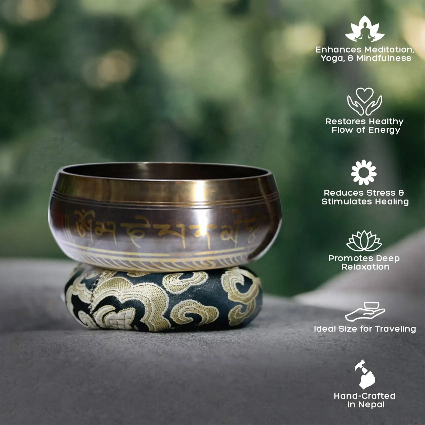 

Tibetan Singing Bowl Set with New Dual-End Stroker Cushion Handcrafted in Nepal for Meditation Healing and Mindfulness