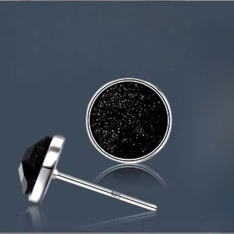 Einfache Runde Ohrringe 925 Sterling Silber Ohrring für Frau mit Schwarz Stein Mode Schmuck Geschenk Hochzeit Party