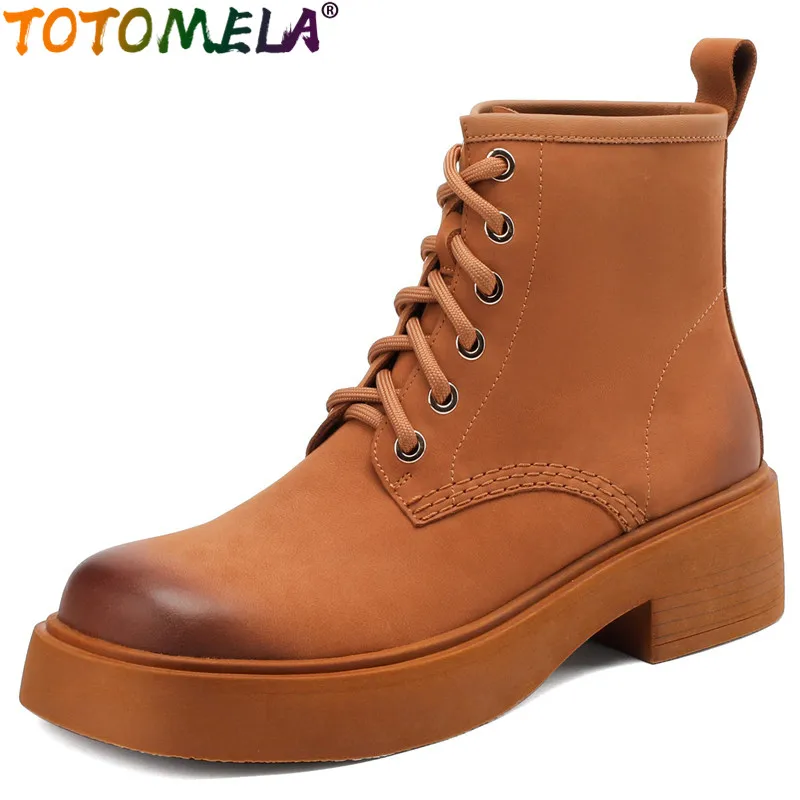 

TOTOMELA 2024 New Sheepskin Leather Ankle Boots Women Vintage Female Lace Up Winter Boots Square Med Heels Platform Boots