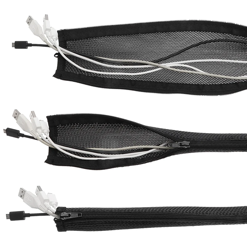 Dropship1M 지퍼 케이블 슬리브 유연한 나일론 와이어 케이블 관리 정리 와이어 코드 하이더 보호, 블랙 화이트 그레이