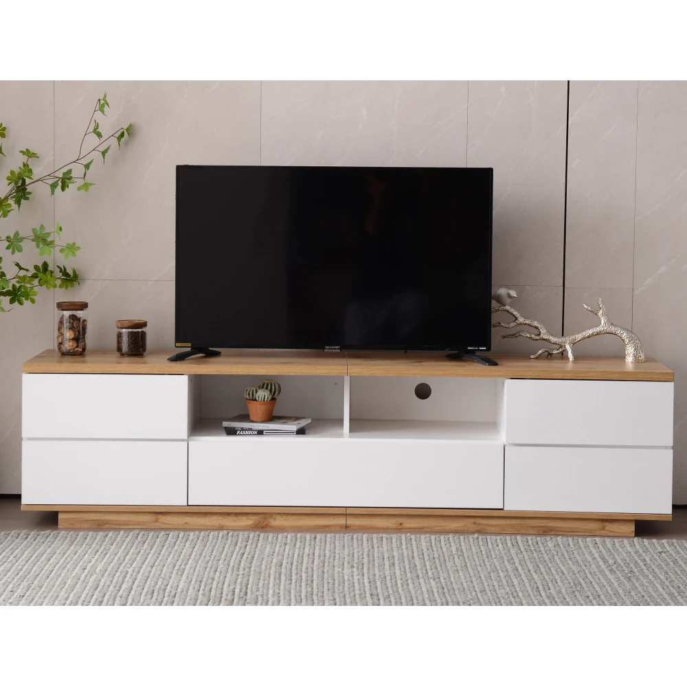 PINGGO 180CM Moderner Farbblock-TV-Schrank mit Holzschnitzerei Weiß – Detail 8