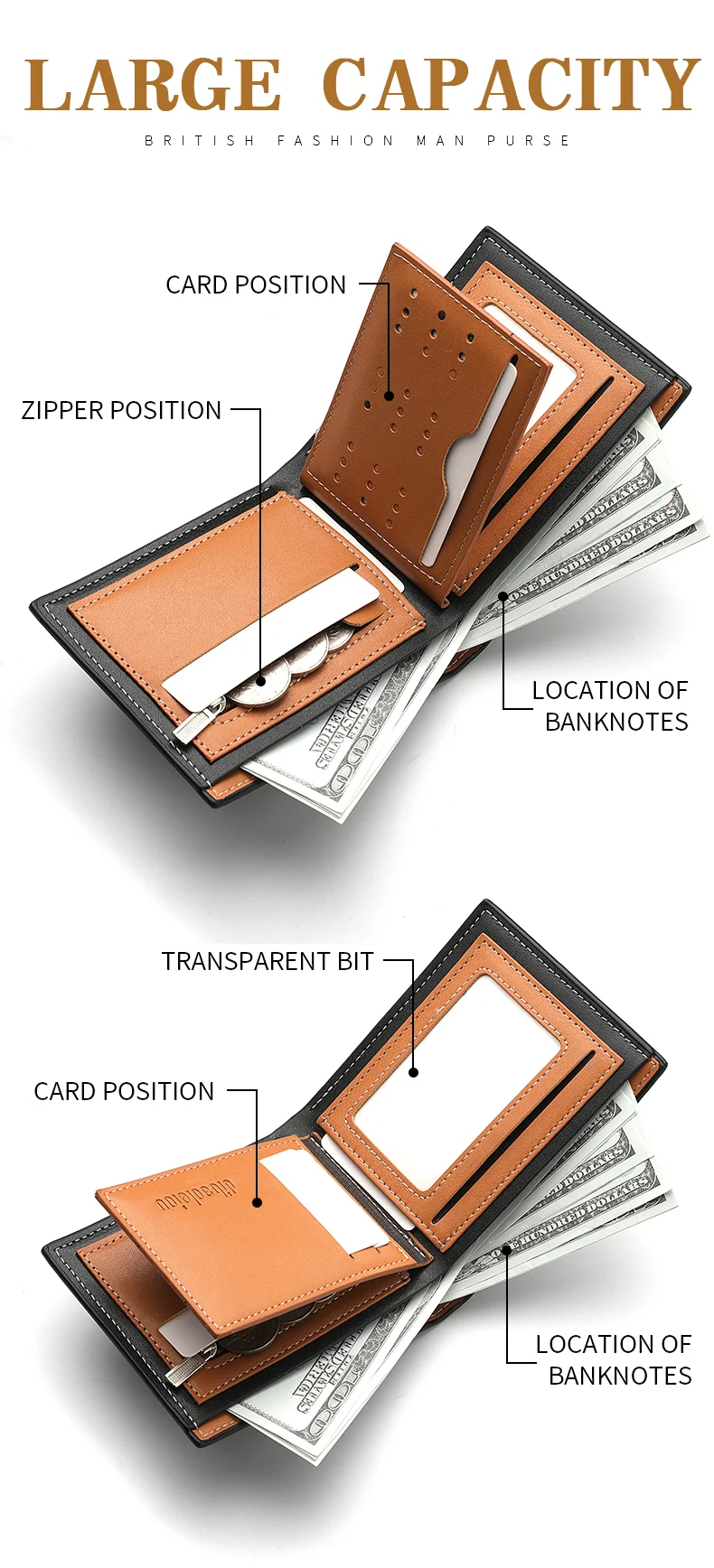 Wallet Men's Personalized Three-Fold 3D Embossed Wallet Multi-Card Credit Card Holder Zipper Coin Short Wallet Men
