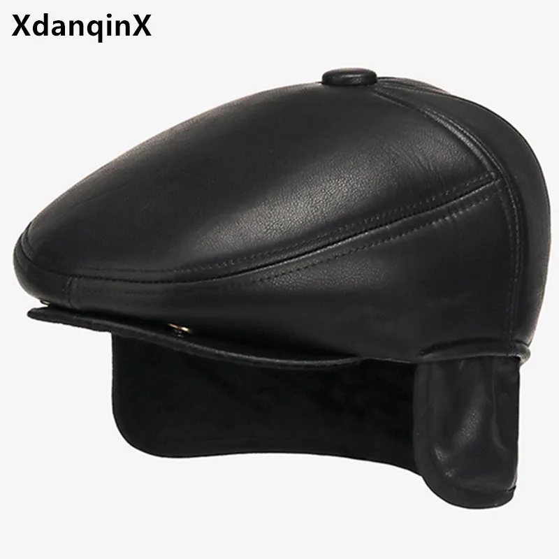 

Free Shipping Winter Men's Hats Faux Leather PU Warm Berets Thickening Plush Cold-proof Earmuffs Hat Male Bone Trucker Caps