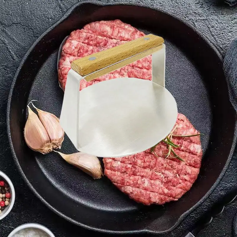 Hamburger Press Stainless Steel Grill Press With Wooden Handle Round Smashed Burger Hamburger Smasher Tool For Flat Top