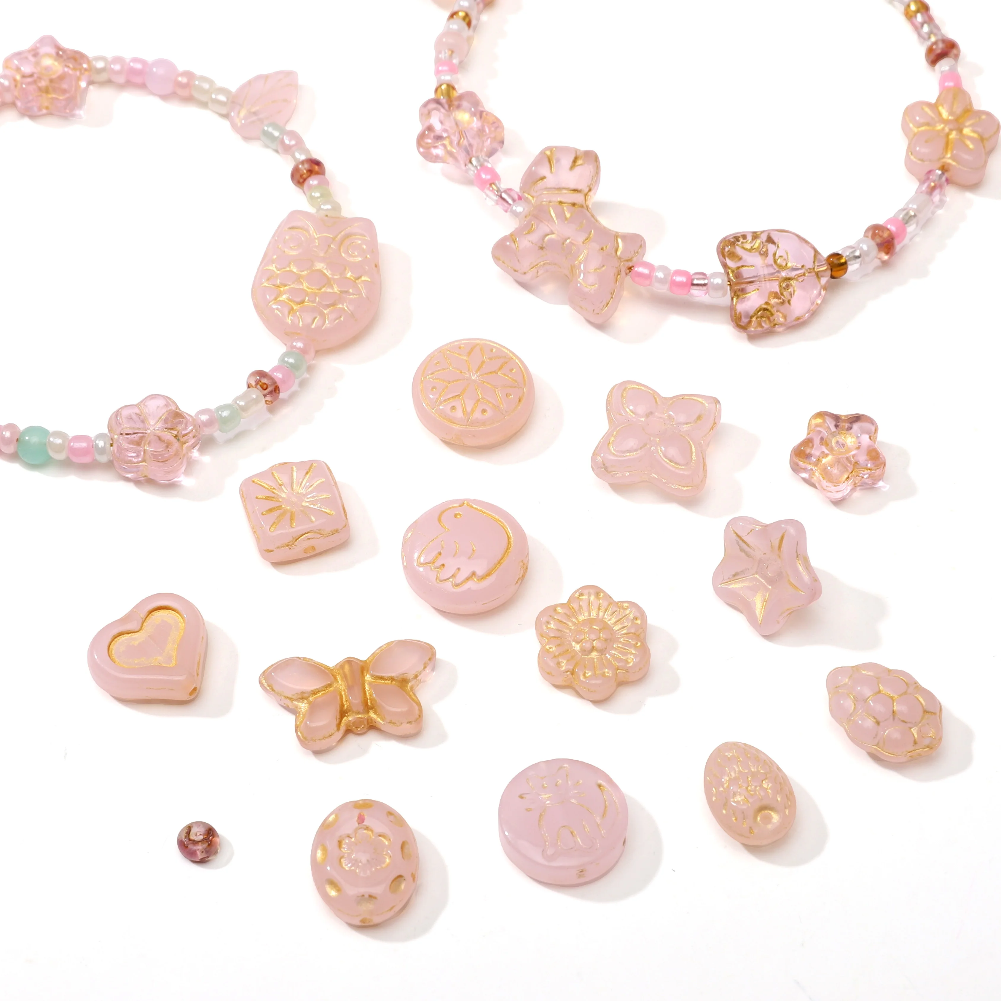 Rosa bemalte Acrylperlen im Barockstil, Herz, Blume, Schmetterling, Charms für Halskette, Armband, DIY-Schmuckzubehör – Detail 8
