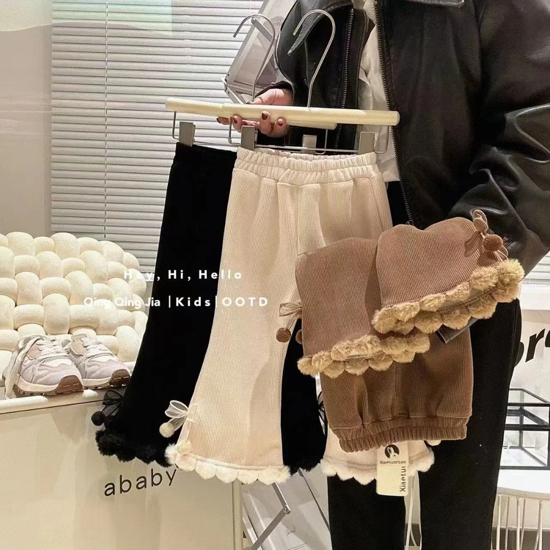 سروال قصير للفتيات على الطراز الكوري - سروال ضيق مخملي سميك متوهج لخريف وشتاء بنطلون فضفاض للأطفال