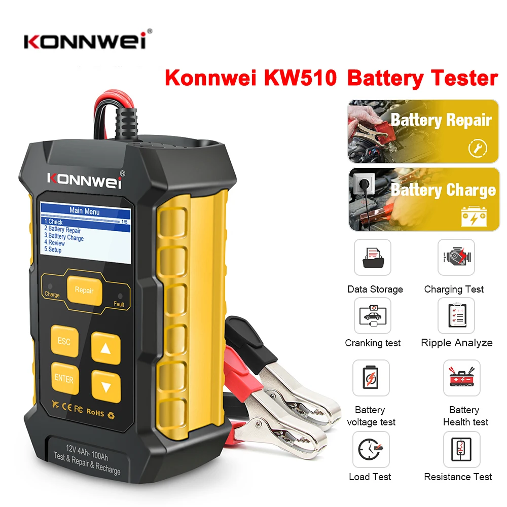 KONNWEI Car Charger 12V KW510 Battery Tester 5A Gel Battery Charger Power Bank Pulse AGM Wet Dry Lead Acid Auto Repair Tools