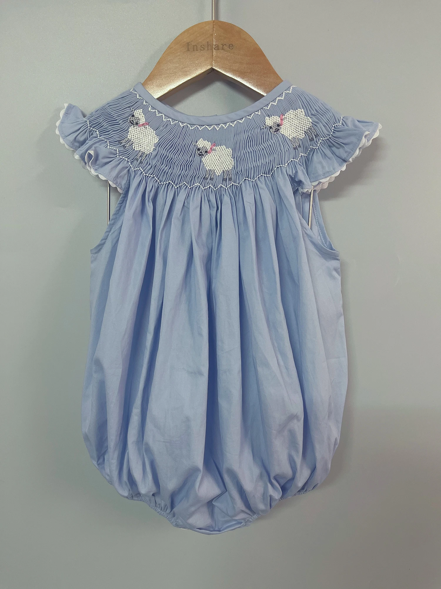 Children Boutique Clothing Summer Girls Flying Sleeves Handmade Smoked Bubble Blue Romper Sheep Embroidered Cute Siblings Outfit 6