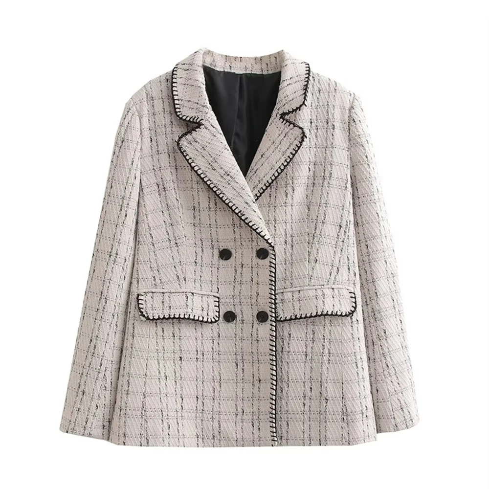 

Woman Chic Beige Slim Plaid Textured Blazer 2023 Spring Female Fashion Line Embroidery Blazers Ladies Double Breasted Blazer