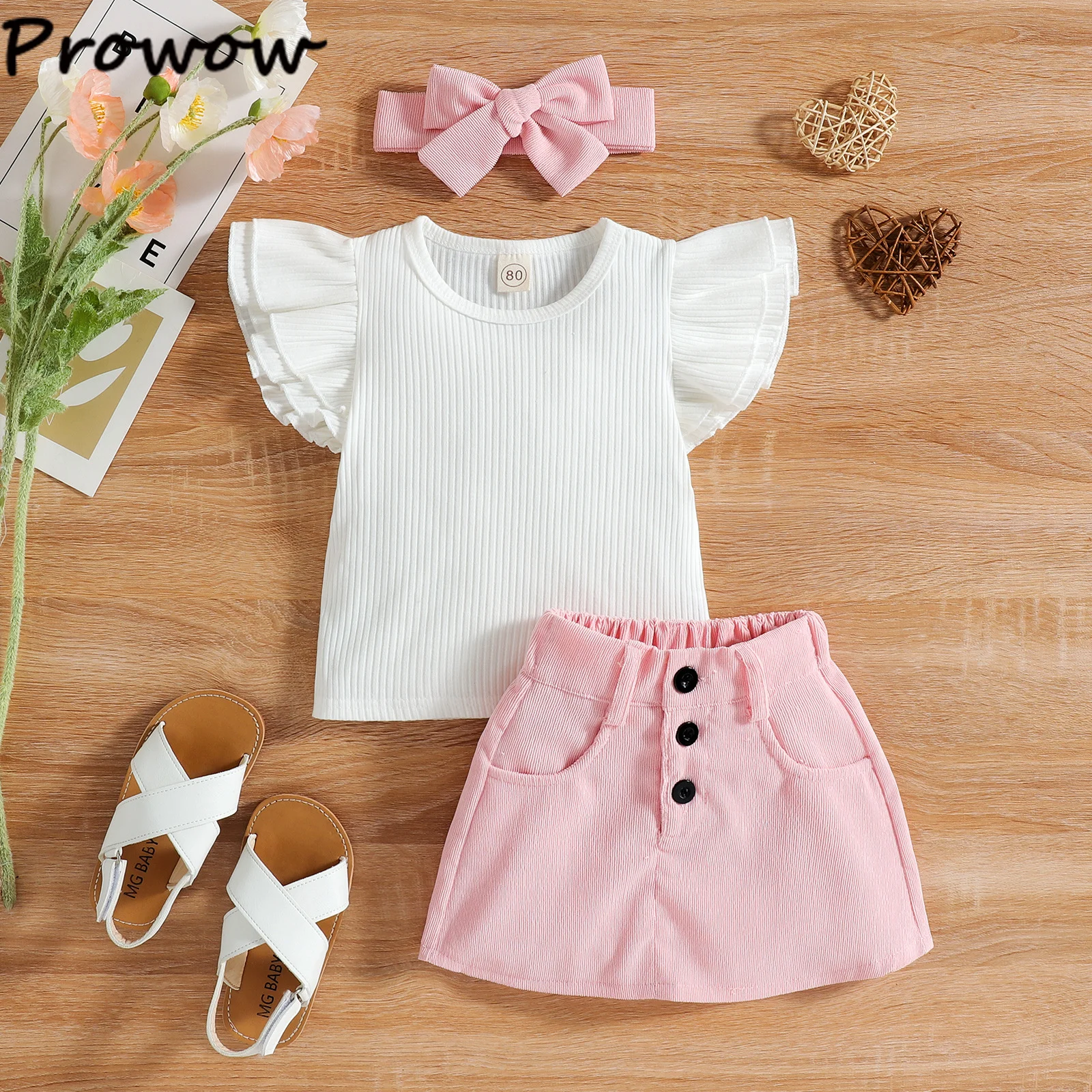 Prowow 0-4Y Newborn Baby Girl Clothes Dress Suit Ruffles White T-shirts+Corduroy Button Skirts Kids Girl Clothing Set best Baby Clothing Set