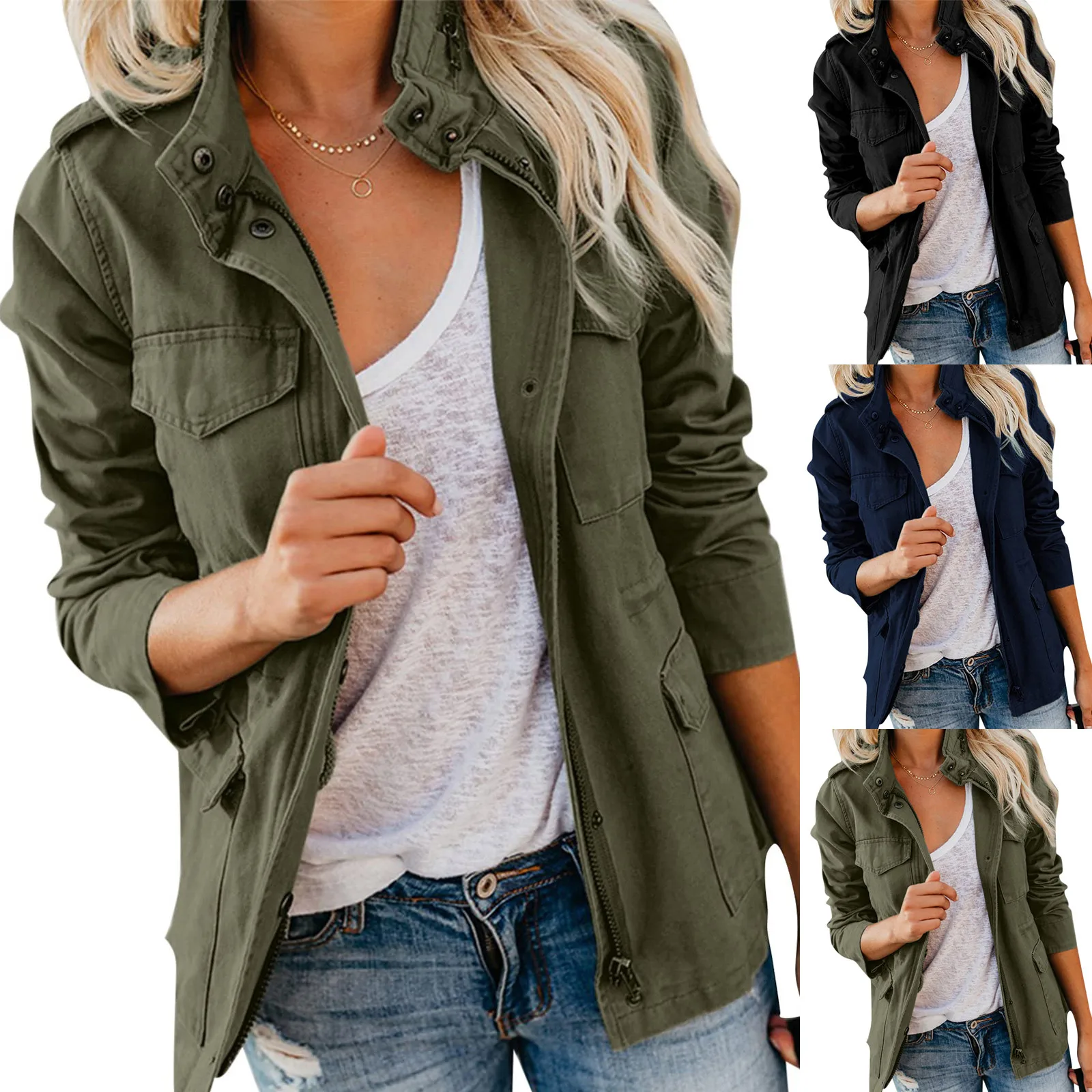 

Women Zipper Jacket Autumn Female Outerwear Long Sleeve Casual Streetwear Coat Windbreaker Stand Collar Military Jackets