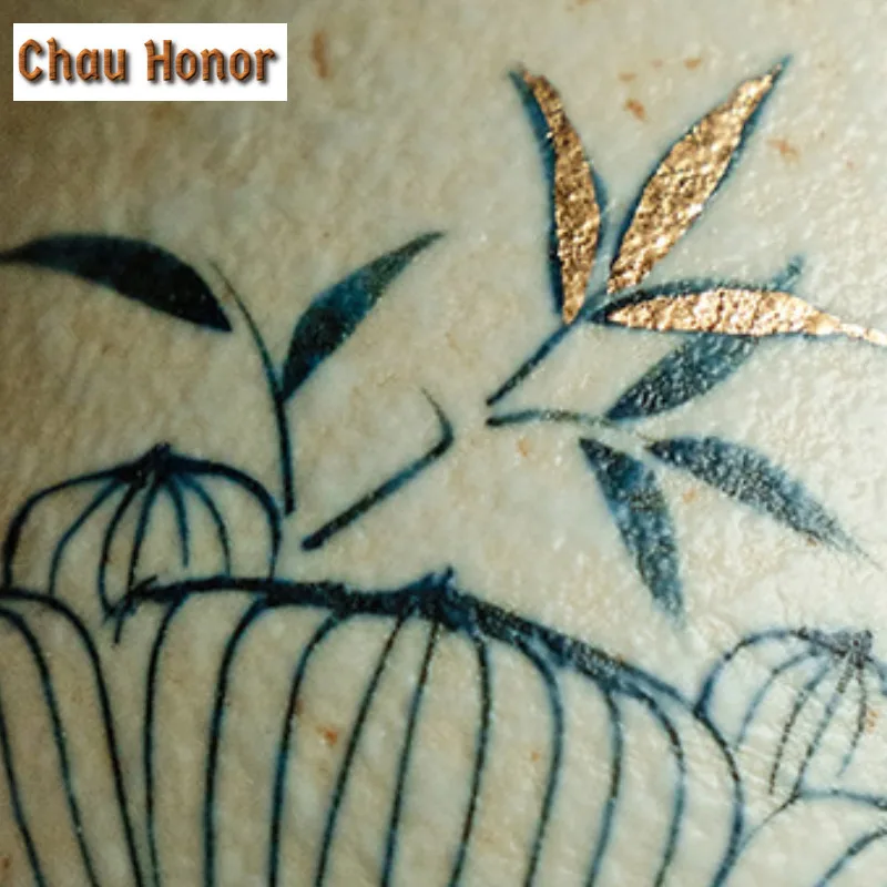 55ml Ancient Blue And White Flint Red Teacup Handmade Gold Drawing Bamboo Tea Bowl Single Cups Meditation Cup Chazhan Teaware