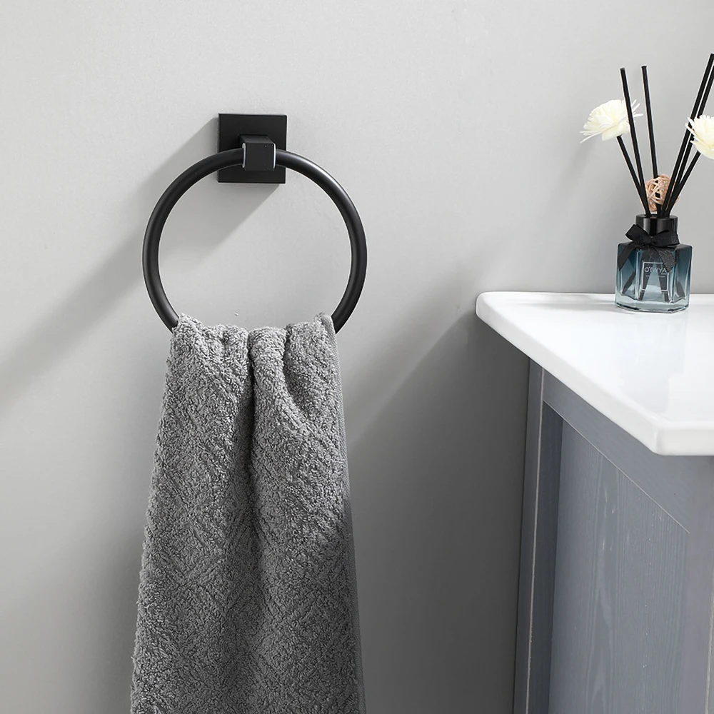 Towel Ring Holder Black Aluminum Hand Toliet Bar Square Round Wall Mounted Hanging Shower Room Rack Shelf Bathroom Accessories