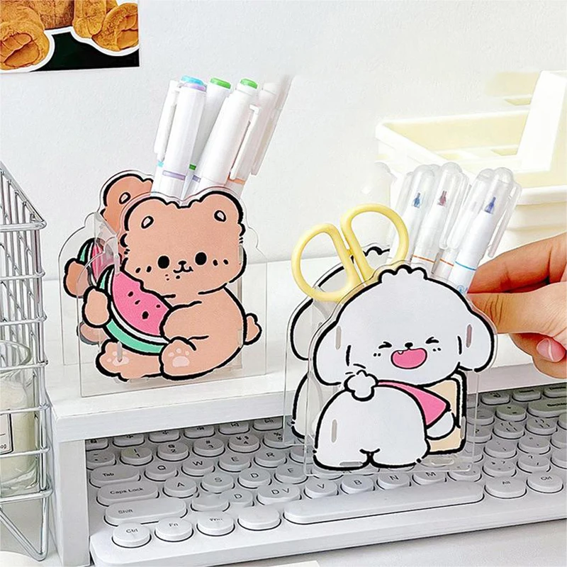 Cute Puppy Acrylic Pen Container Students Transparent Pen Holders Desktop Stationery Organizer Storage Bucket