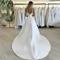 Simple A Line Wedding Dress Spaghetti Straps Square Collar Satin Backless Side Slit Bridal Gowns Vestidos De Novia Custom Made 2