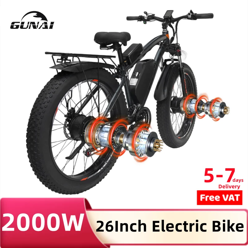 Gunai Biciclette Elettriche 2000W Doppio Motore 26 Pollici Fat Tire 800W Batteria 7 Velocità Forcella Sospensione Faro Fanale Posteriore Adulti Ebikes