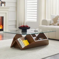 Table basse multi-rangement avec verre trempé et MDF, finition noyer, avec compartiments spacieux pour salon et bureau 2