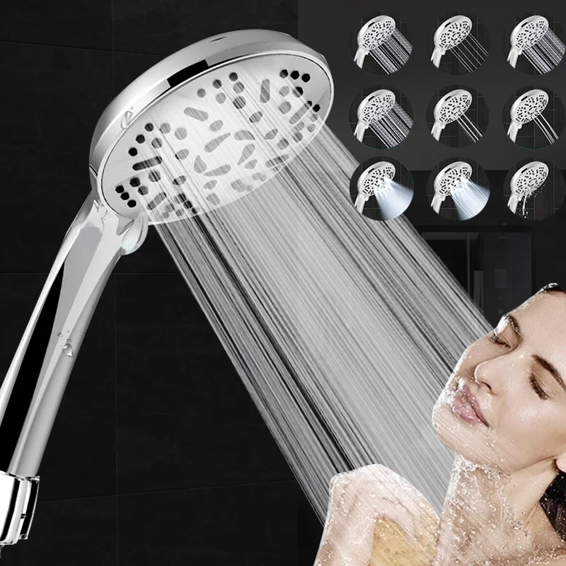 

Shower Head 9 Mode Of Adjustable Shower Water Saving Device Large Handheld Panel Chrome Plated Single Head Bathroom Accessories