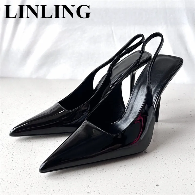 

Women's High Heels Pumps Women 2023 Spring New Patent Leather Pointed Toe Shoes Woman Slingback Back Strap Pumps Ladies Shoes
