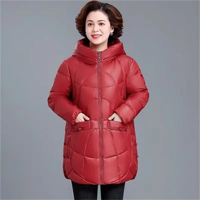 

Middle Aged Mother's Winter Down Cotton Jacket, Medium Length Plus Fat Middle-aged Elderly Women's Hooded Foreign Cotton Jacket