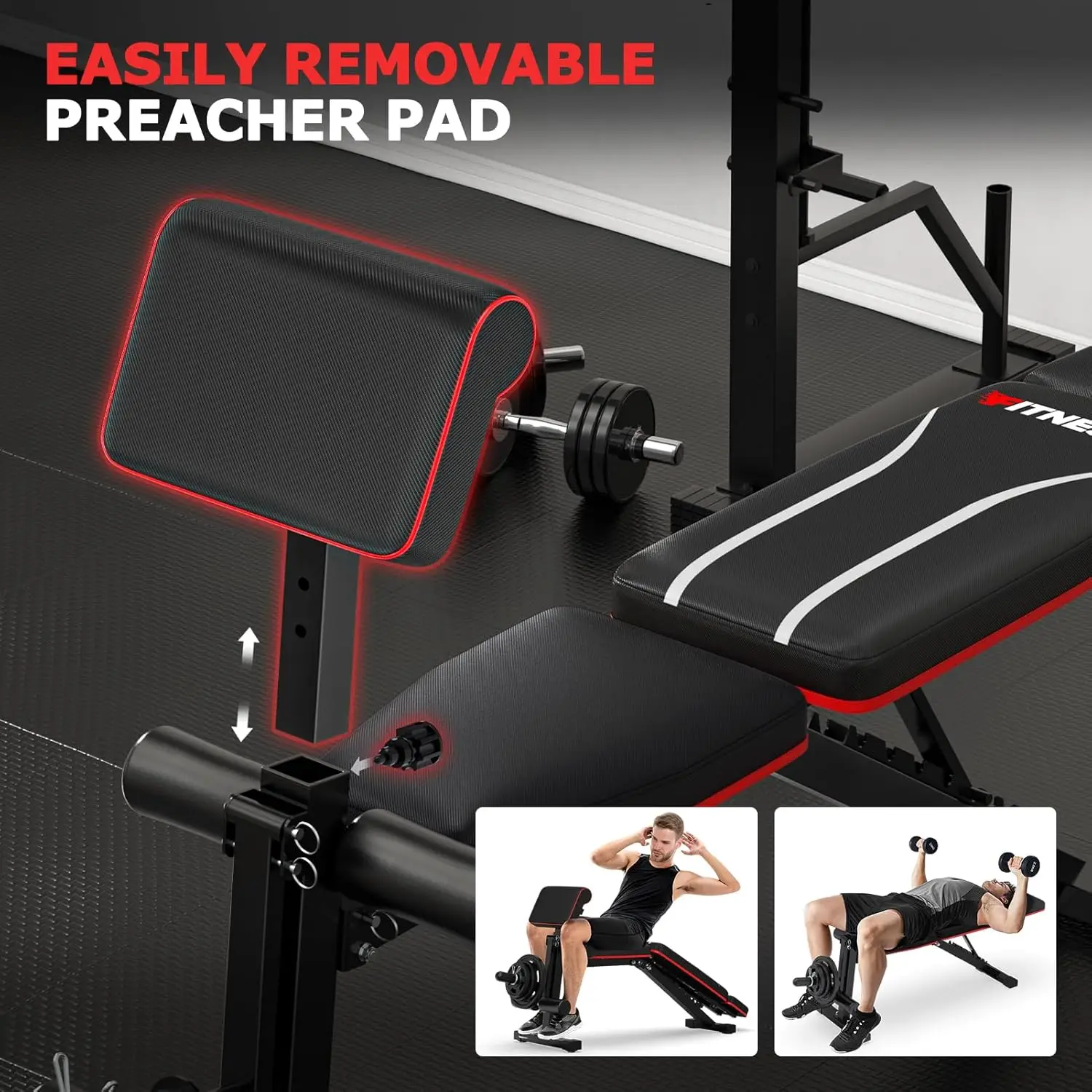 Weight Bench, Foldable Workout Bench for Home Gym, Bench Press with Leg Extension & Preacher Pad, Extra Headrest, Incline Sit Up