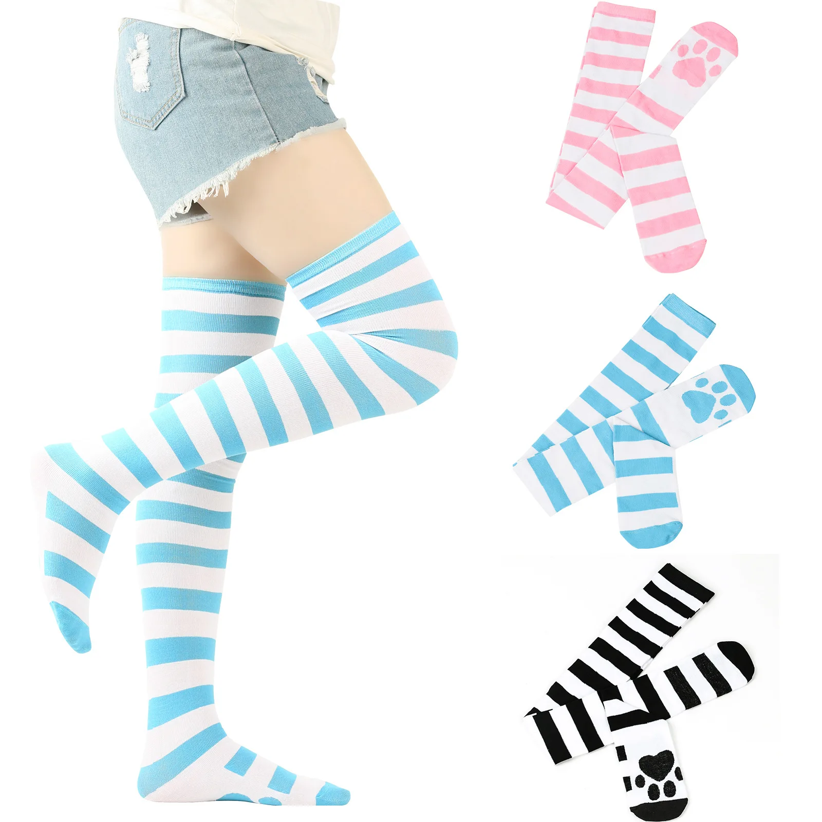 

Cute Lolita Over Knee Socks Pink Stripe Kawaii Cat Paw Print Stockings Gothic Velvet Over The Knee Thigh High JK Long Stockings