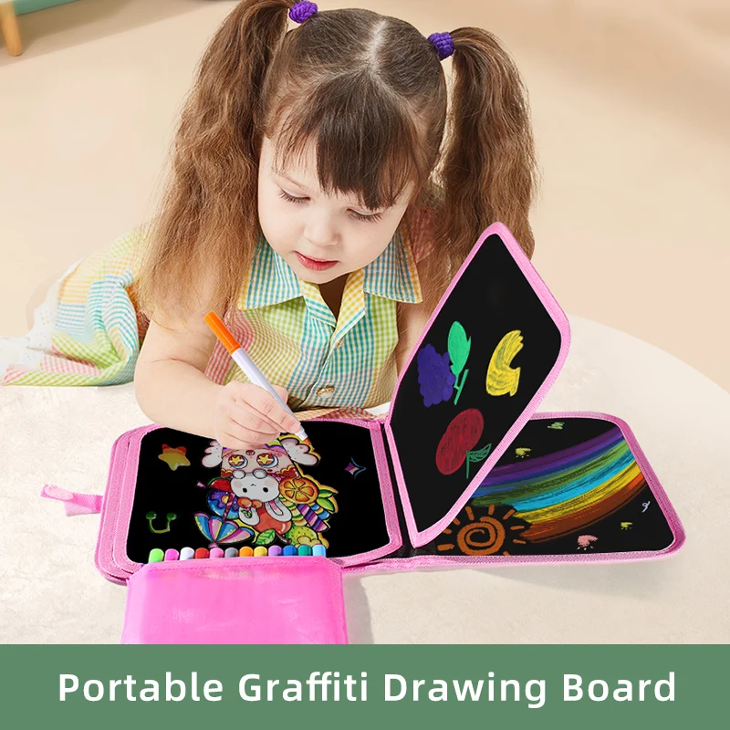 Children's Drawing Writing Blackboard Book Wipeable Reusable Portable Easy To Store Drawing Book Children's Toys (With 12 Pens)