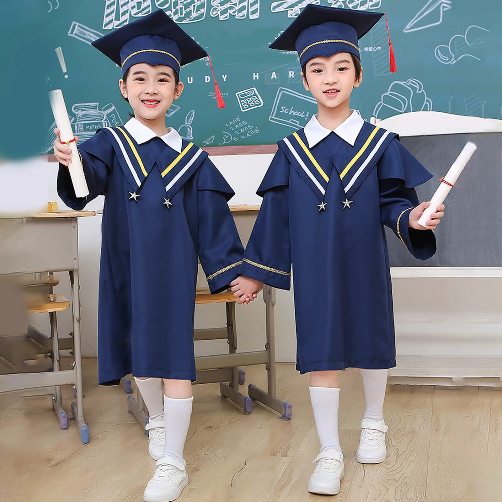 

Children Graduation Costumes School Academinc Uniform Boys Gilrs Photography Performance Clothing Kindergarten Bachelor Gowns