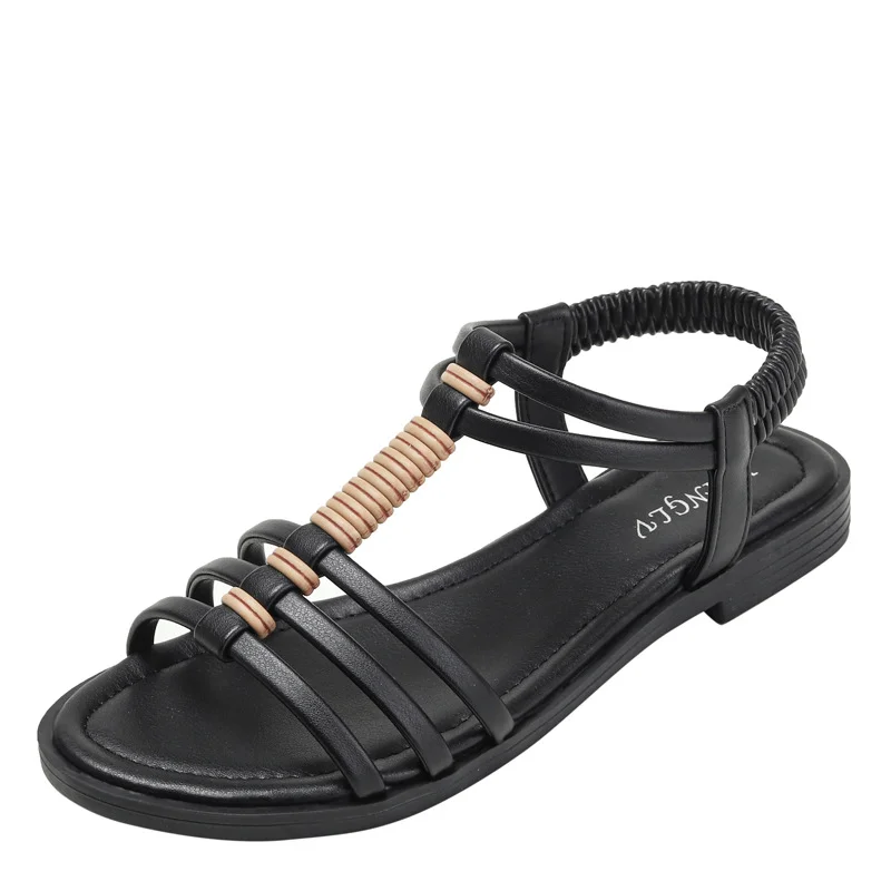 Women's Sandals Summer 2024 New Casual PU Non-Slip Soft Gladiator Beach Hollow Out Open Toe Roman Shoes Woman Flat Heels Ladies