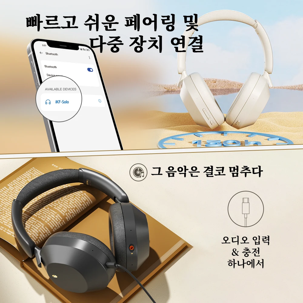 iKF-Solo 무선 헤드폰 Bluetooth 5.4 액티브 노이즈 캔슬링 이어폰 저지연 게이밍 헤드셋 고해상도 130 시간 재생 HiFi 블루투스 헤드폰 앱 제어 머리 위 착용이어폰