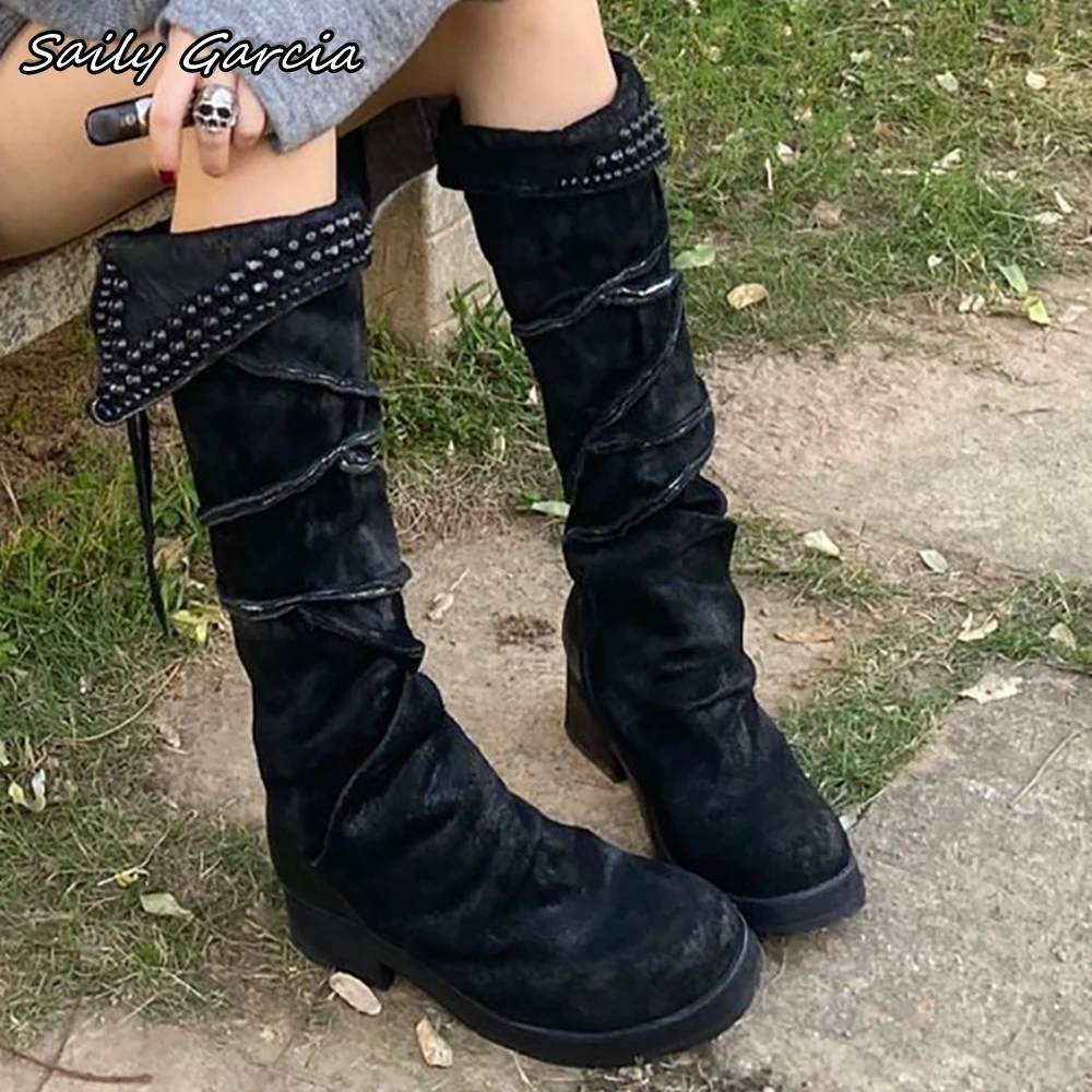 

Retro Black Back Zipper Cowboy Boots 2024 New Matte Mid Calf Casual Boots Round Toe Platform Mid Heel Boots