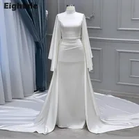 Eightale Muslim Wedding Dress High Neck Satin Customized White Ivory Arabic Bridal Gown Long Sleeves Vestido De Noiva 1