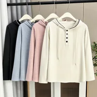 Plus Size Hoodie Women Casual Long Sleeve Base Shirt Cap Sleeve Polyester Fabric Button Detail Commute Style Standard Length